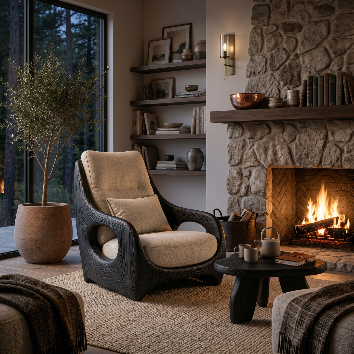 Organic curved armchair with sculpted frame and upholstered seat