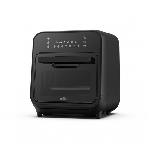 Black 15 litre steam air fryer with digital controls and viewing window