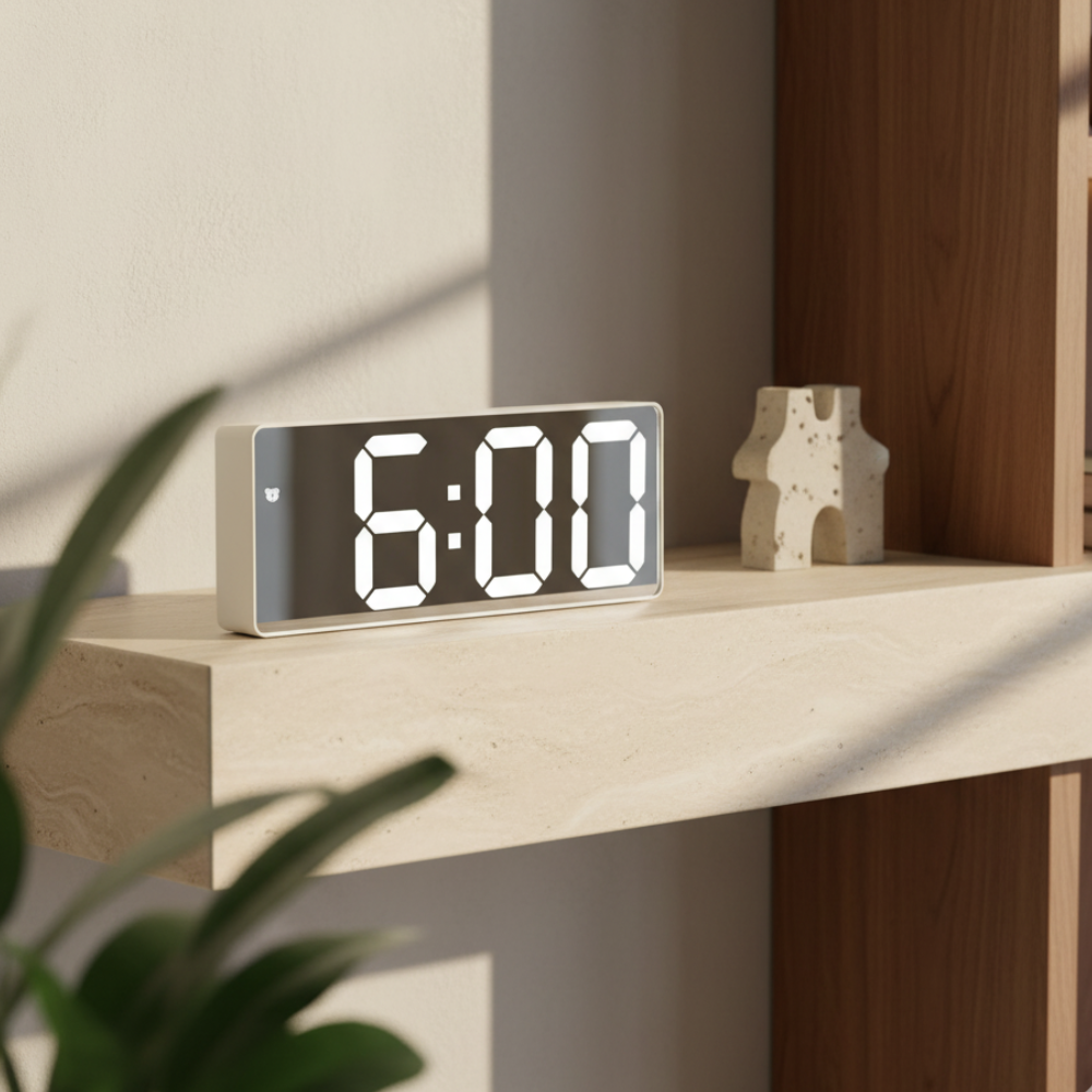 Digital alarm clock with LED time and temperature display on a bedside table