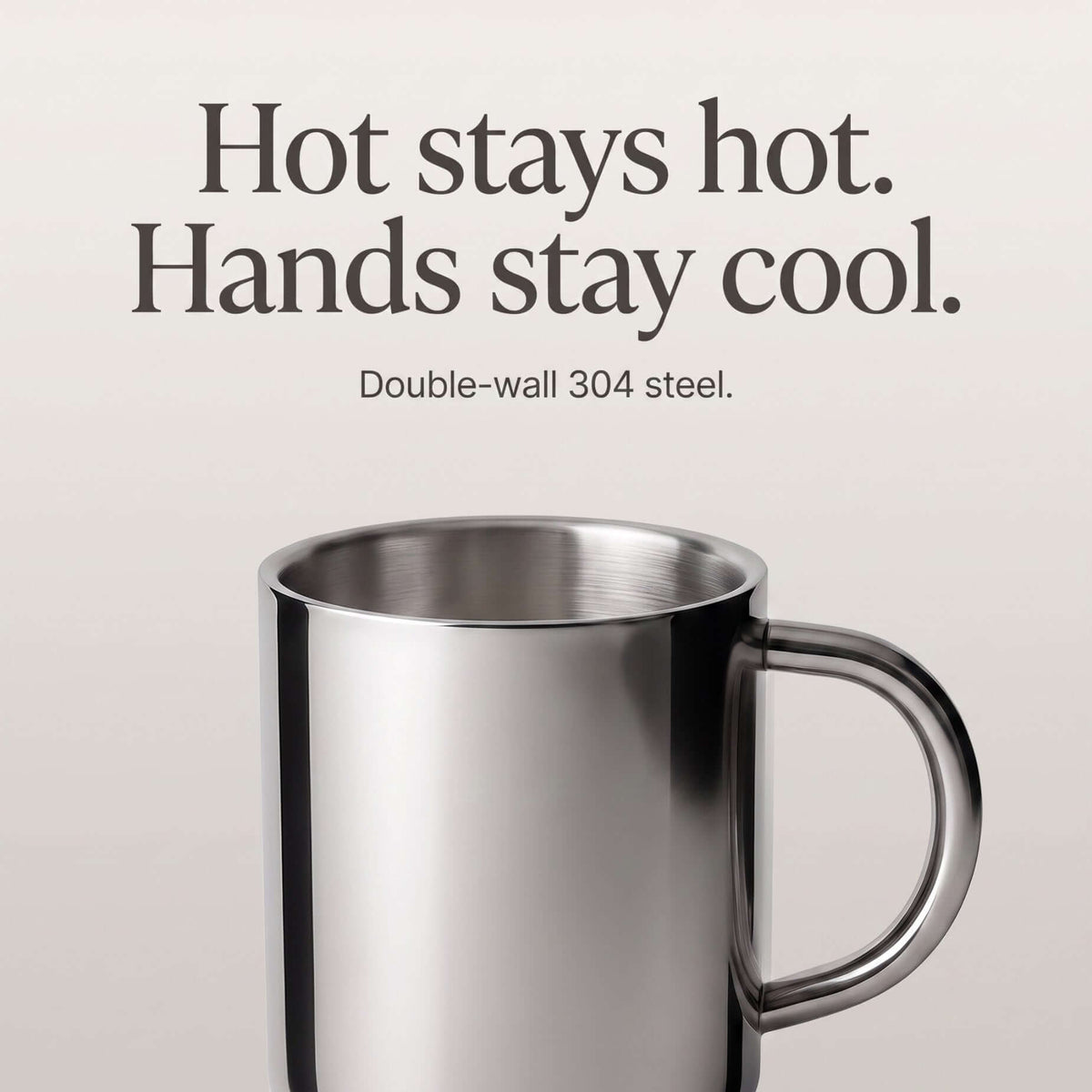 Glossy silver double-layer stainless steel cup with curved handle