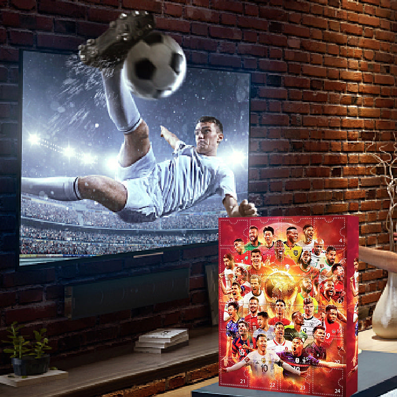 Red football advent calendar with 24 numbered doors and player graphics
