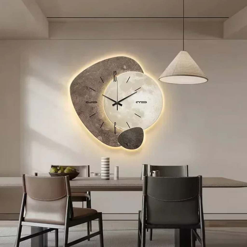 Layered geometric LED wall clock with illuminated halo