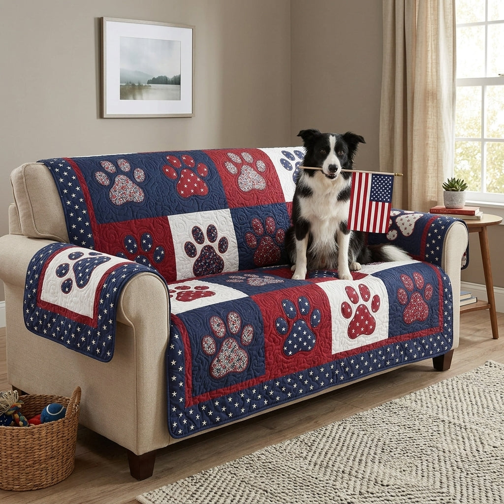 Blue red and white quilted sofa cover with paw prints and stars