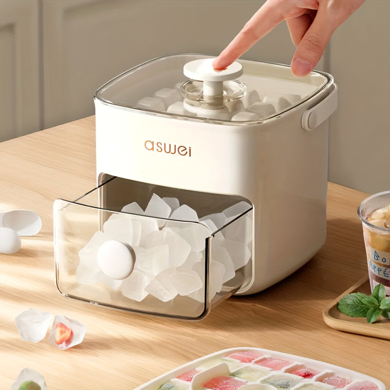White countertop ice cube maker with clear lid and front drawer