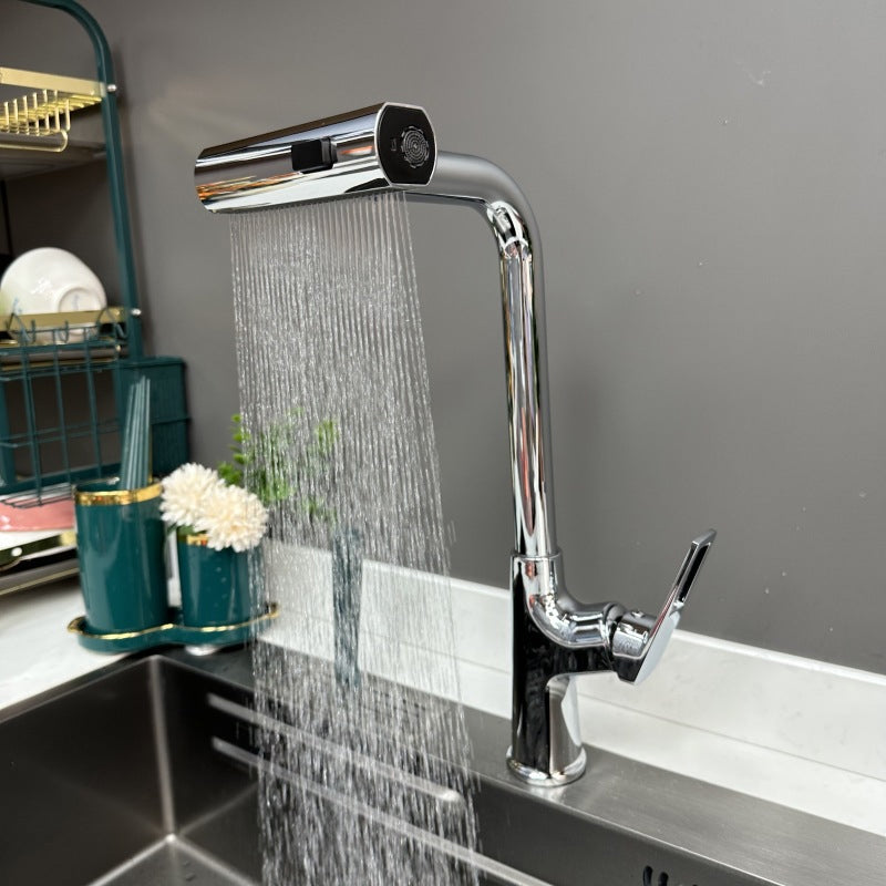 Chrome kitchen tap attachment with flexible hose and wide spray setting
