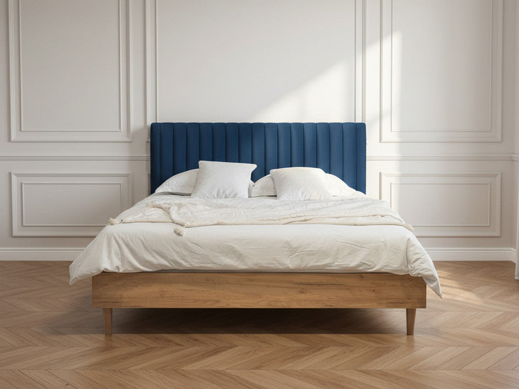 Upholstered bed frame with channelled headboard and wood-effect base