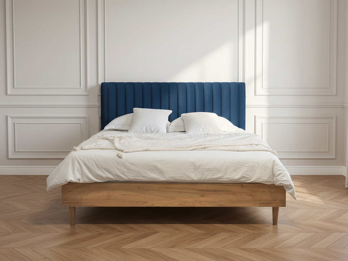 Upholstered bed frame with channelled headboard and wood-effect base