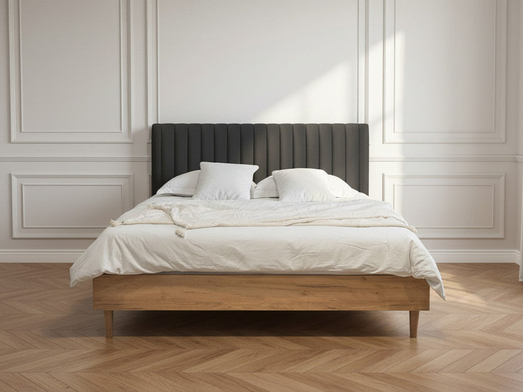 Upholstered bed frame with channelled headboard and wood-effect base