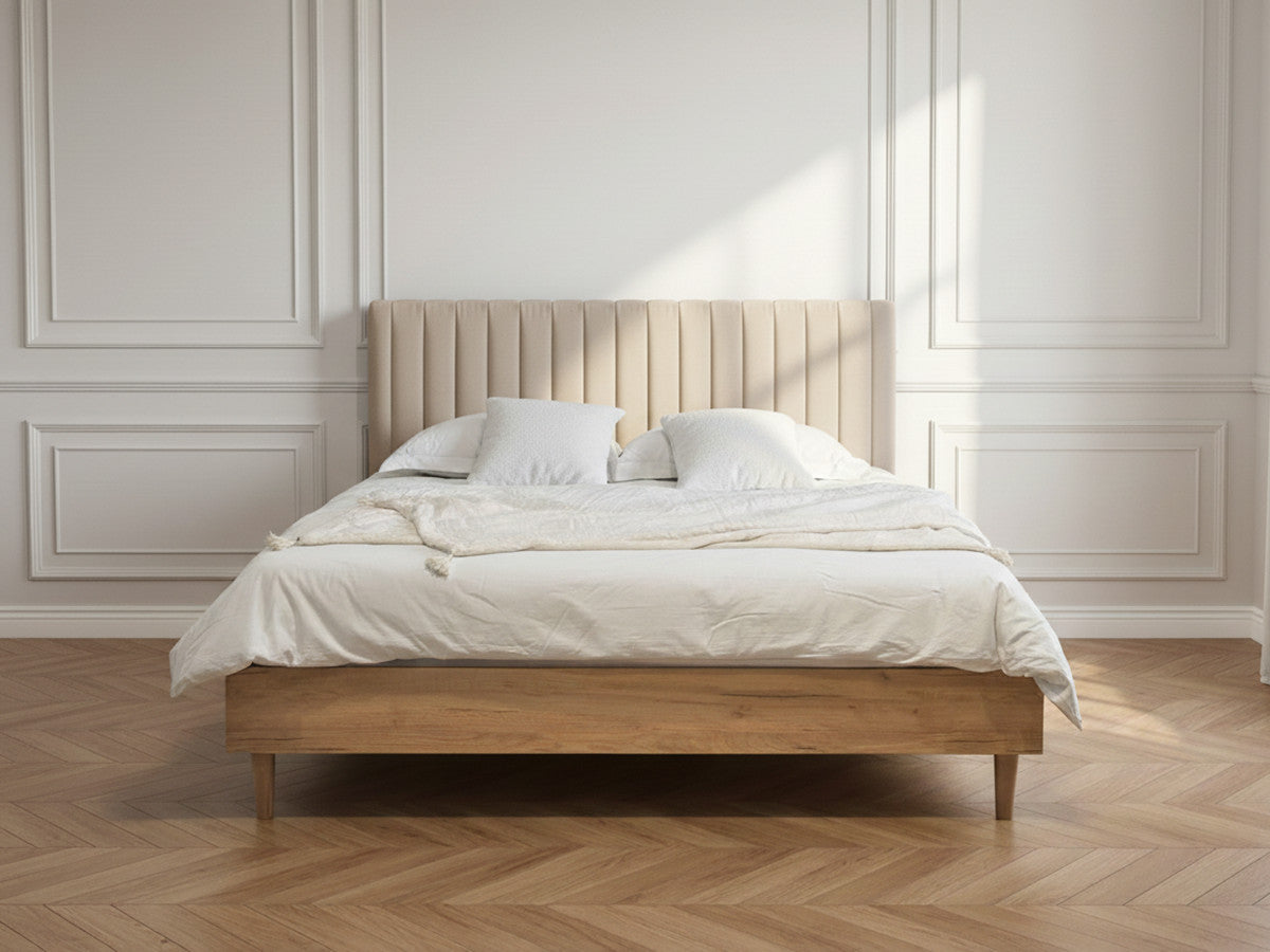 Upholstered bed frame with channelled headboard and wood-effect base