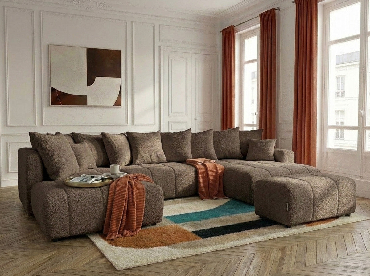 Panoramic boucle-effect corner sofa bed with cushions and matching pouf