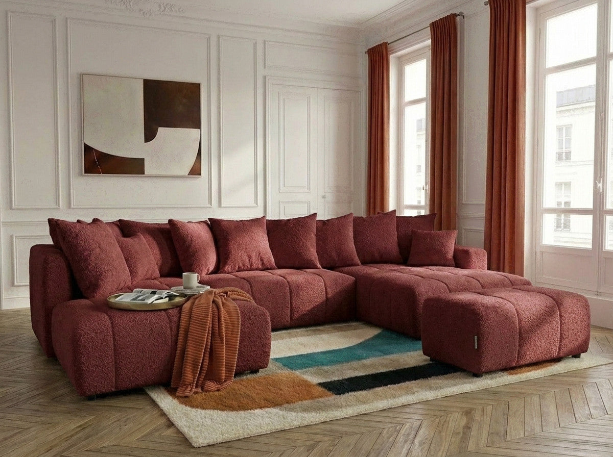 Panoramic boucle-effect corner sofa bed with cushions and matching pouf