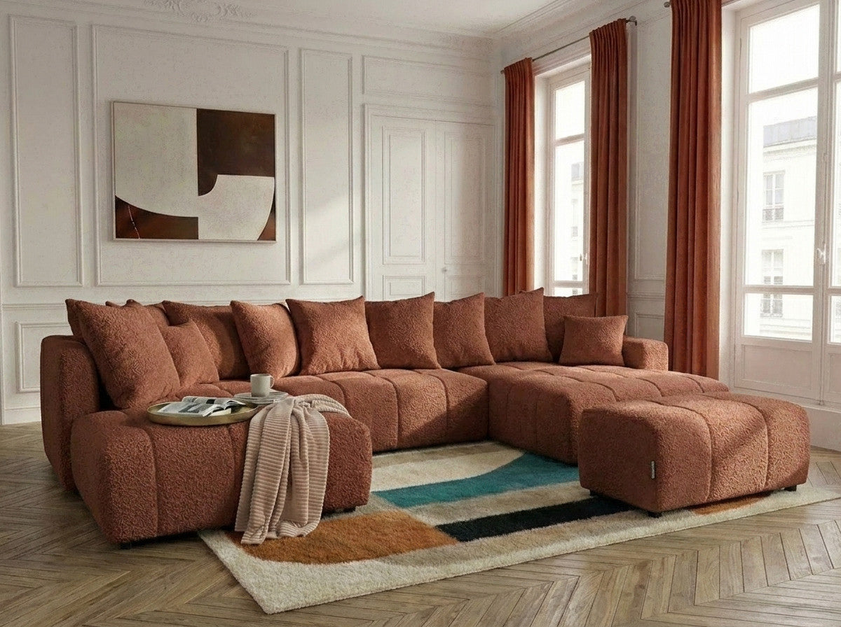 Panoramic boucle-effect corner sofa bed with cushions and matching pouf
