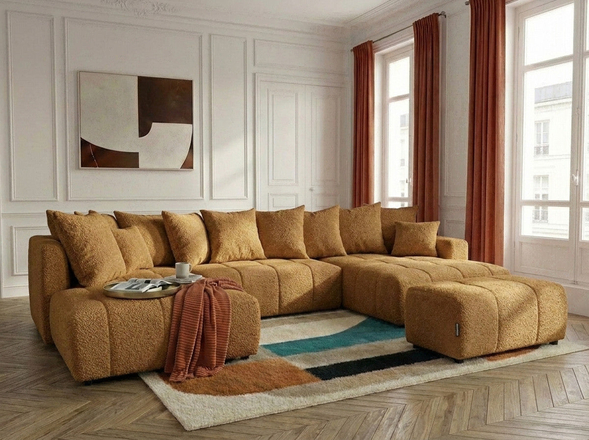 Panoramic boucle-effect corner sofa bed with cushions and matching pouf