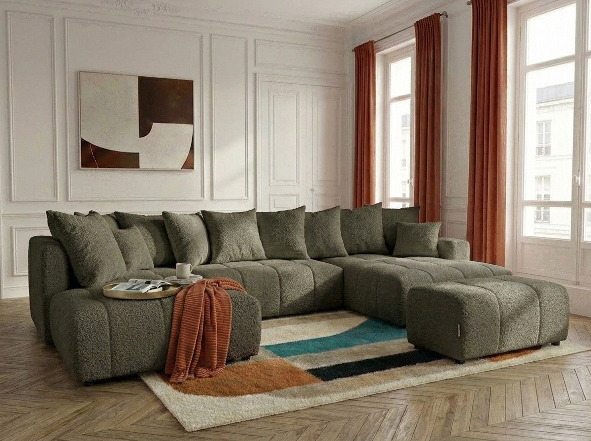 Panoramic boucle-effect corner sofa bed with cushions and matching pouf