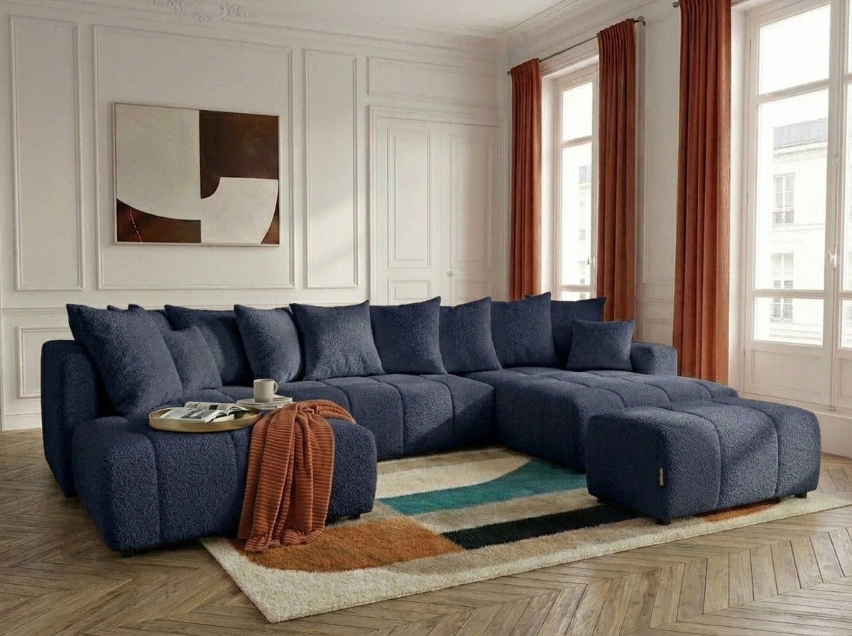 Panoramic boucle-effect corner sofa bed with cushions and matching pouf
