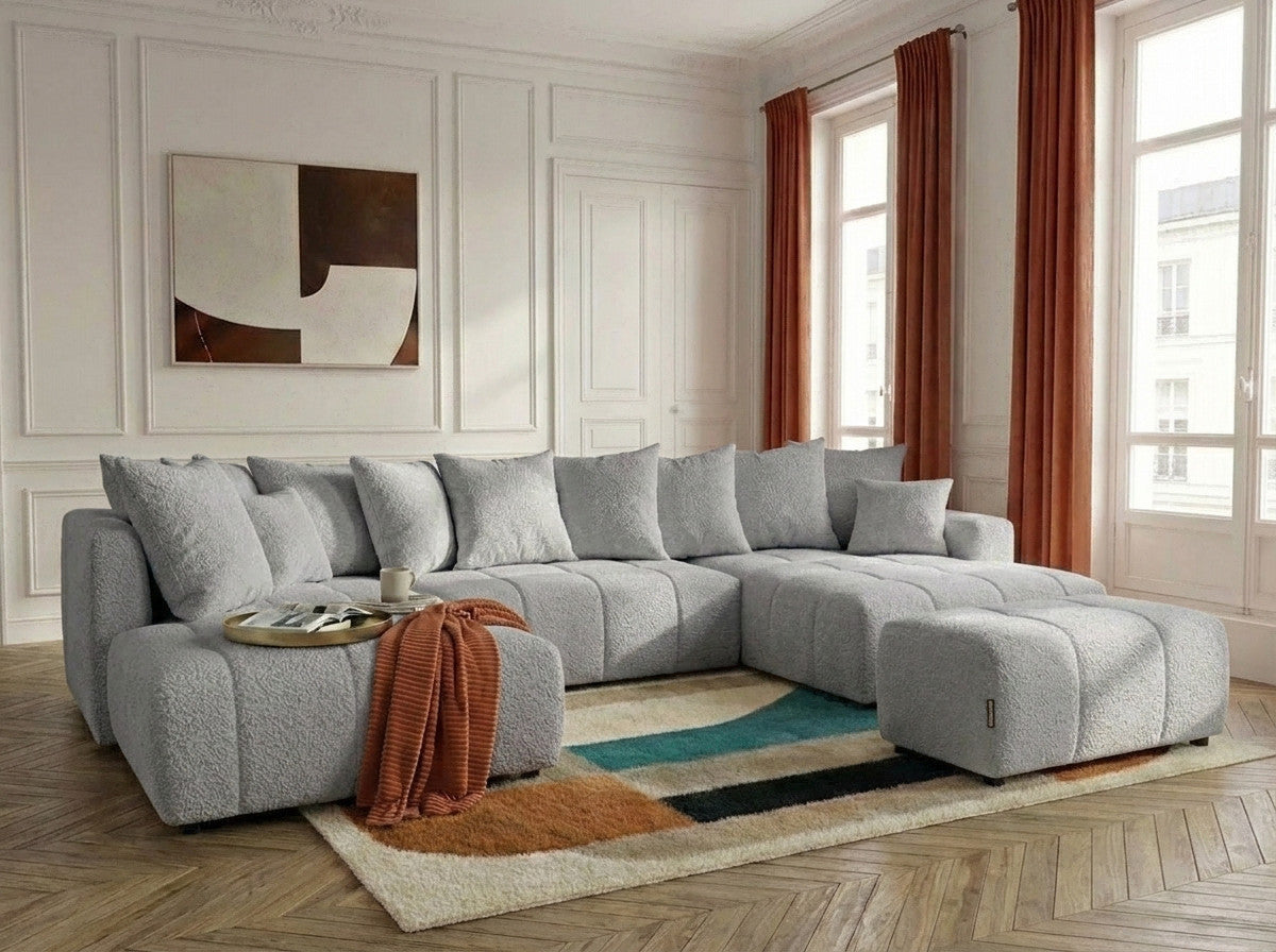 Panoramic boucle-effect corner sofa bed with cushions and matching pouf