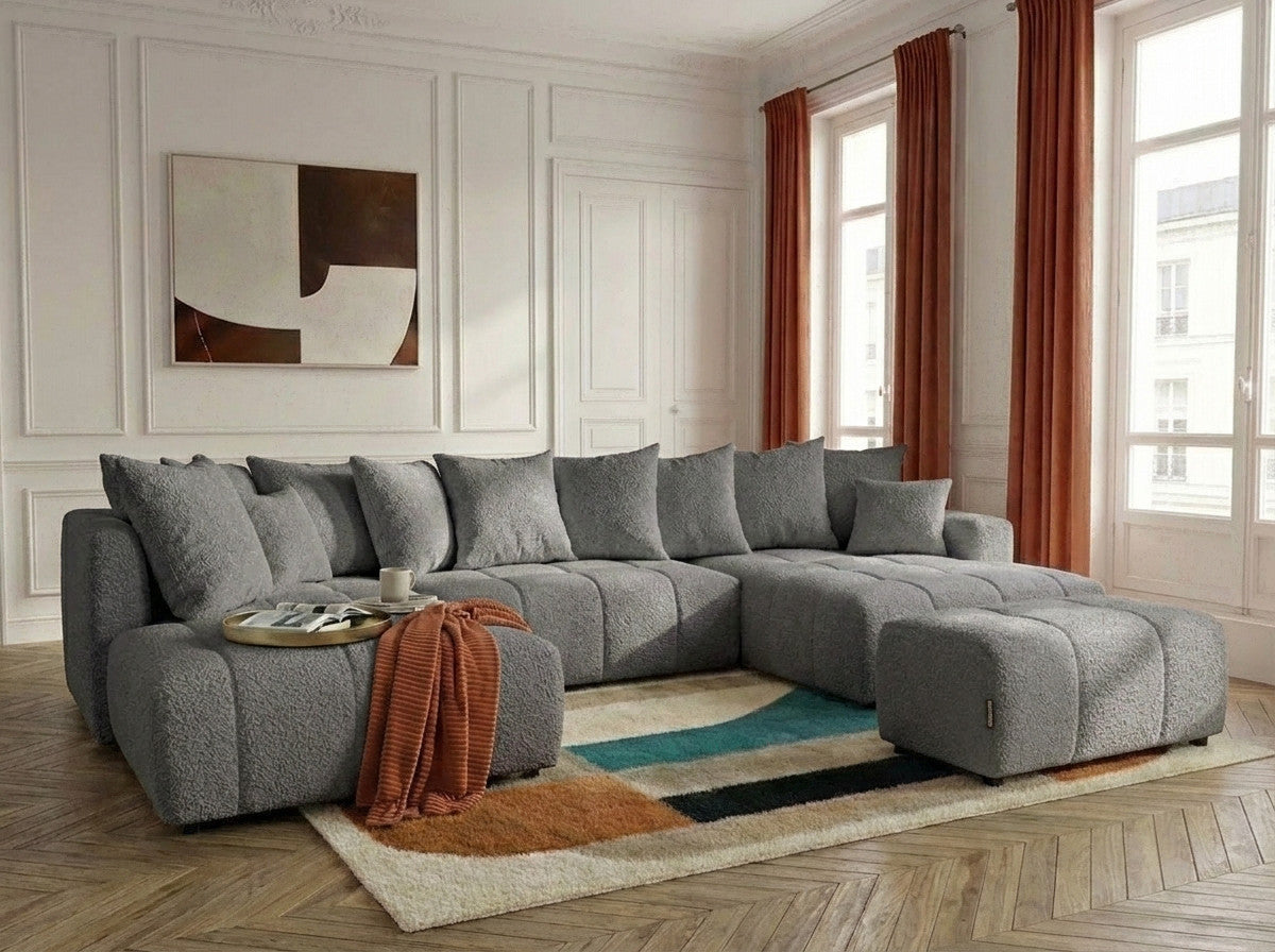 Panoramic boucle-effect corner sofa bed with cushions and matching pouf