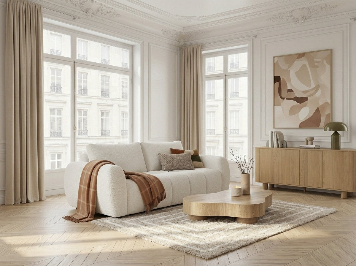 Three seater sofa bed with rounded arms and textured boucle upholstery