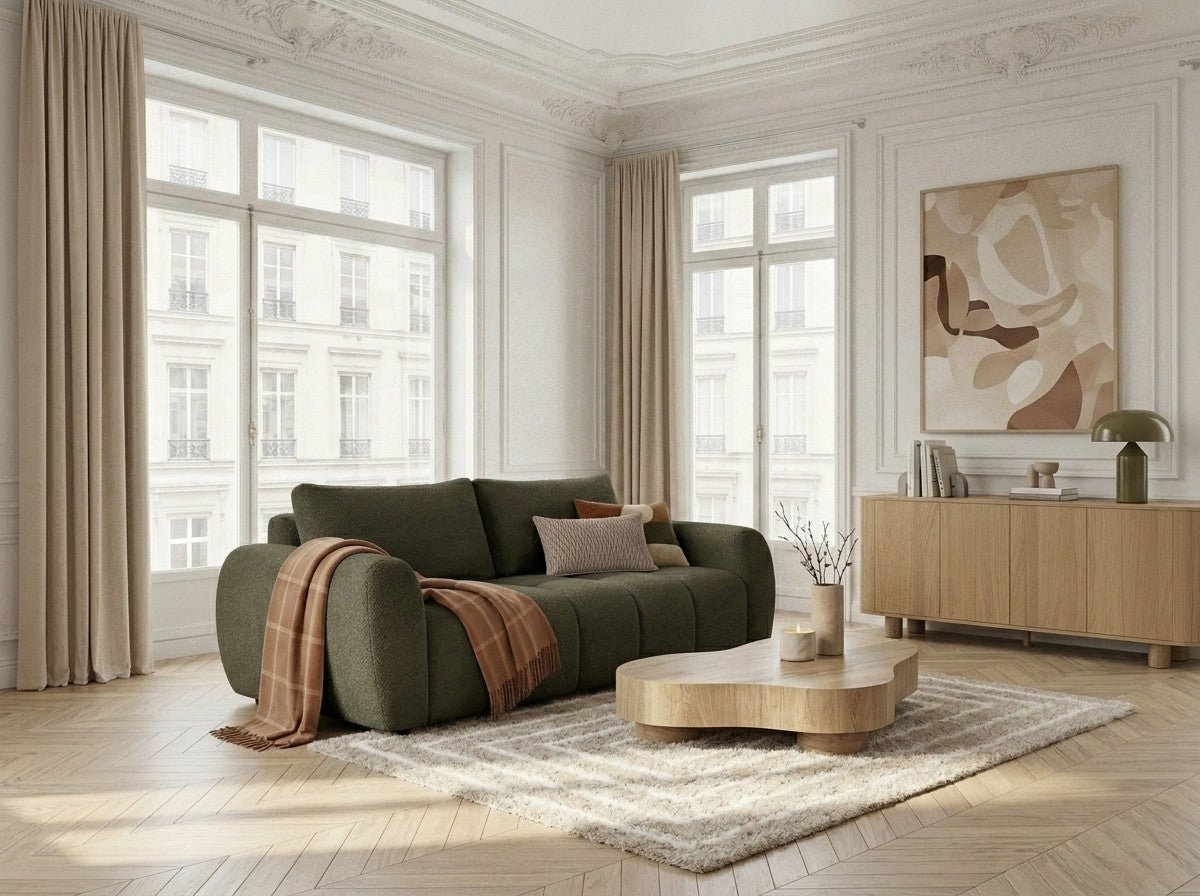 Three seater sofa bed with rounded arms and textured boucle upholstery