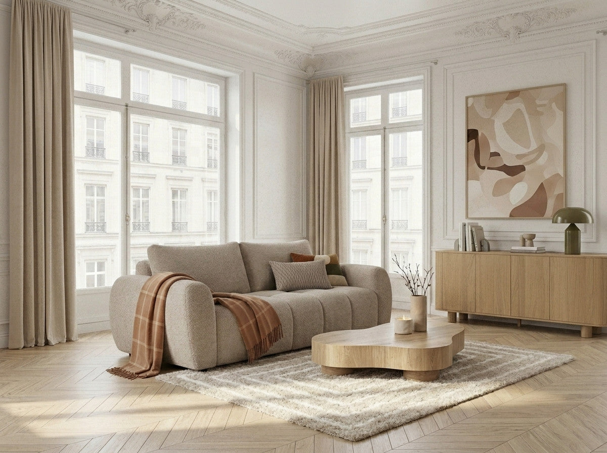 Three seater sofa bed with rounded arms and textured boucle upholstery