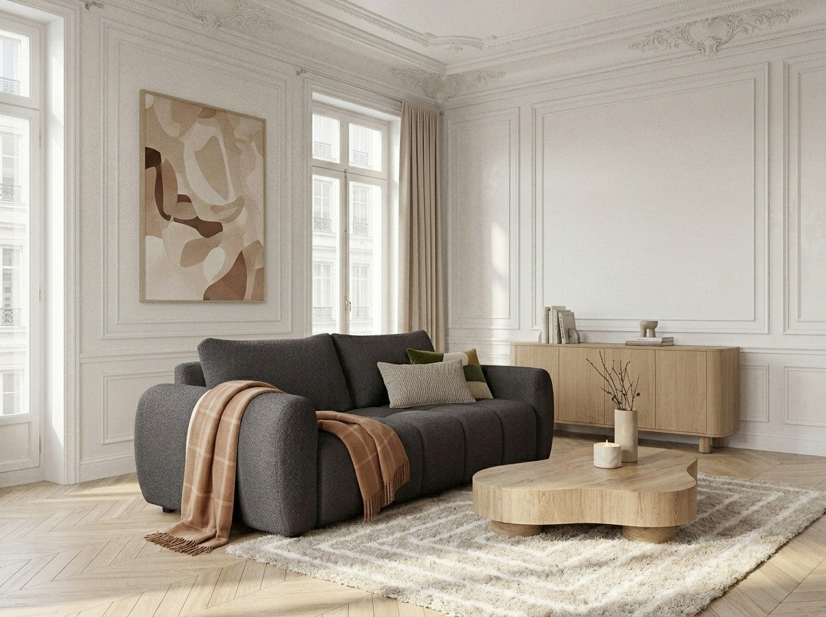Three seater sofa bed with rounded arms and textured boucle upholstery