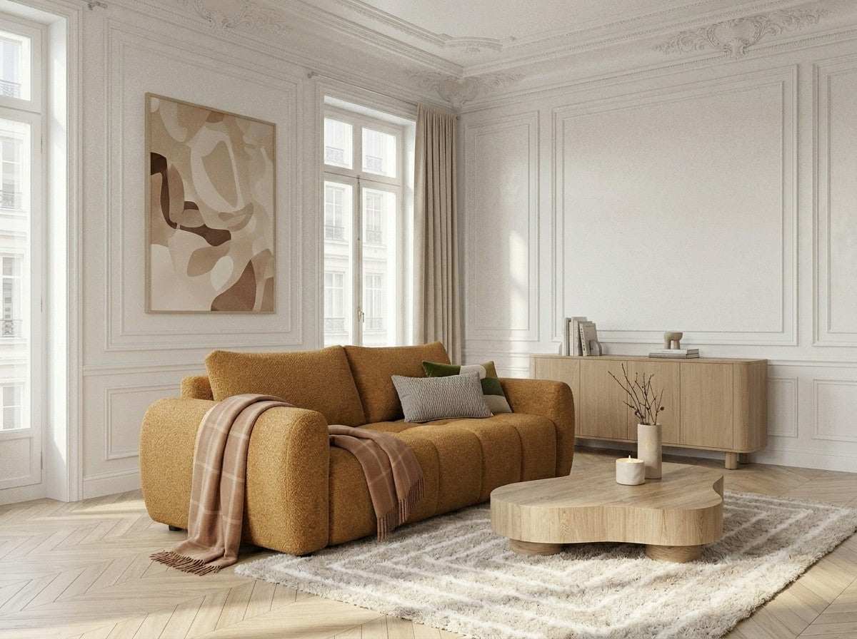 Three seater sofa bed with rounded arms and textured boucle upholstery