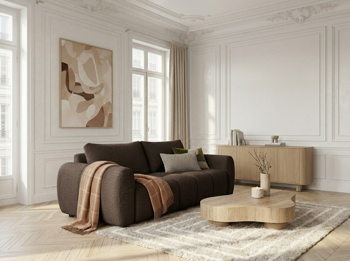 Three seater sofa bed with rounded arms and textured boucle upholstery