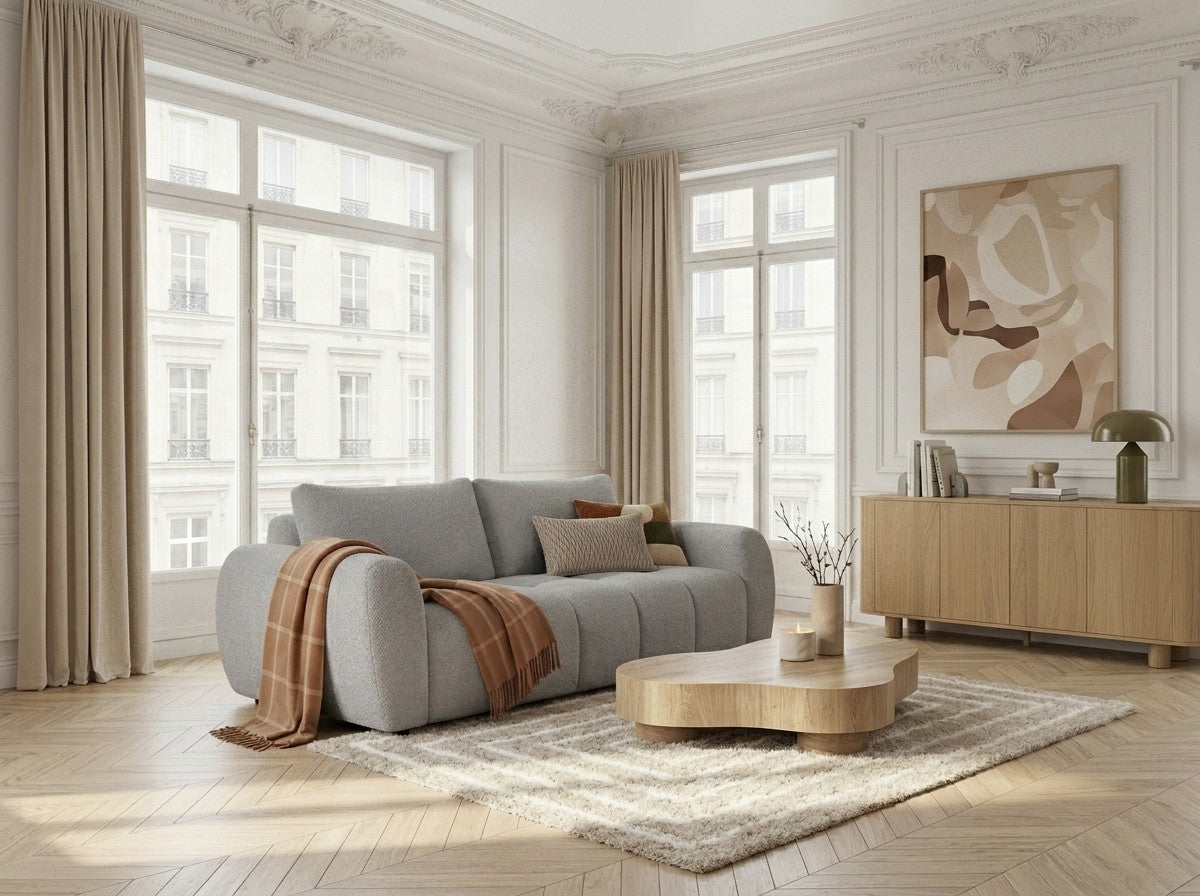 Three seater sofa bed with rounded arms and textured boucle upholstery