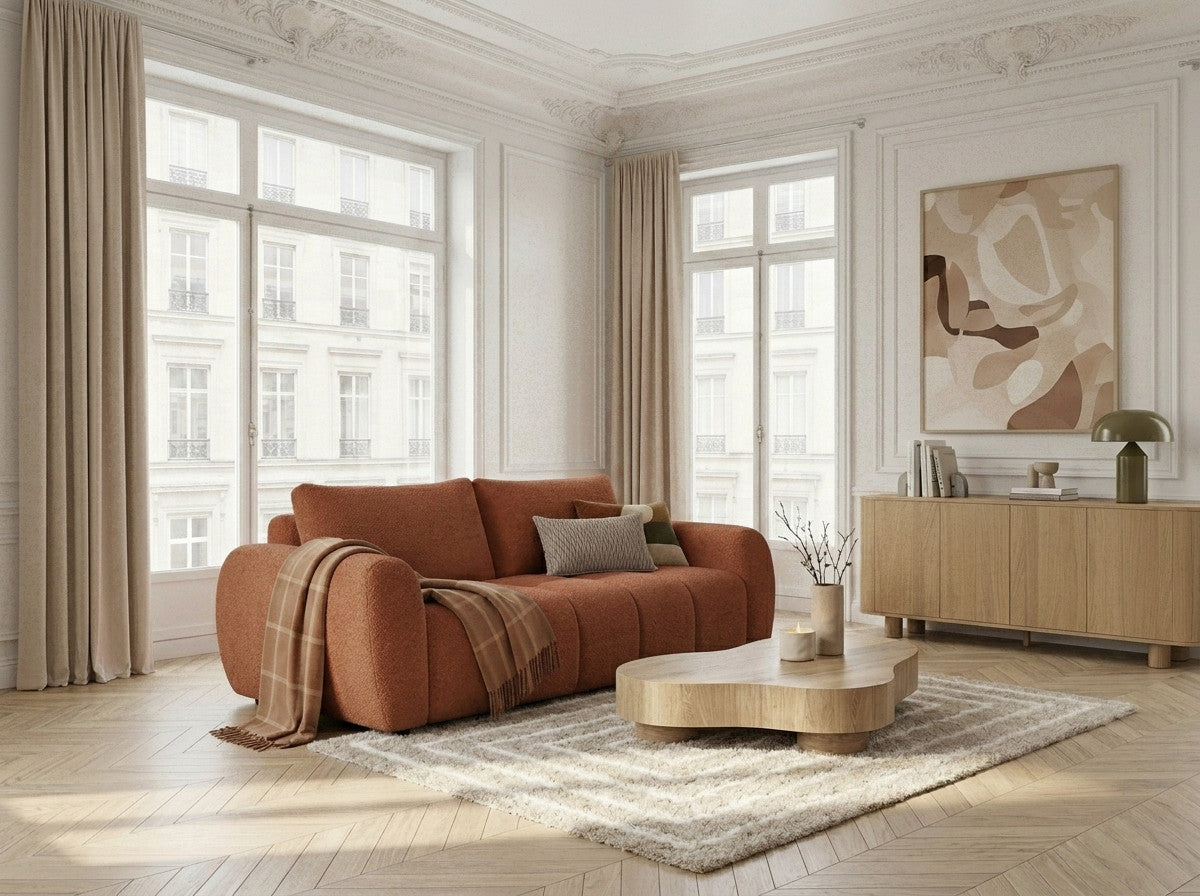 Three seater sofa bed with rounded arms and textured boucle upholstery