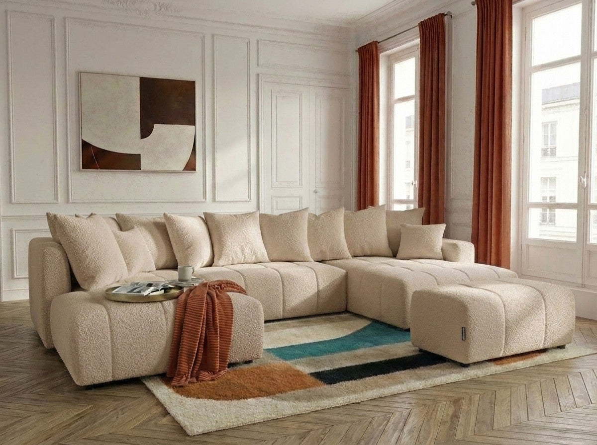 Panoramic boucle-effect corner sofa bed with cushions and matching pouf