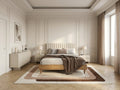 Upholstered bed frame with channelled headboard and wood-effect base