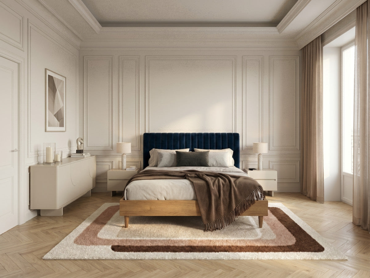 Upholstered bed frame with channelled headboard and wood-effect base