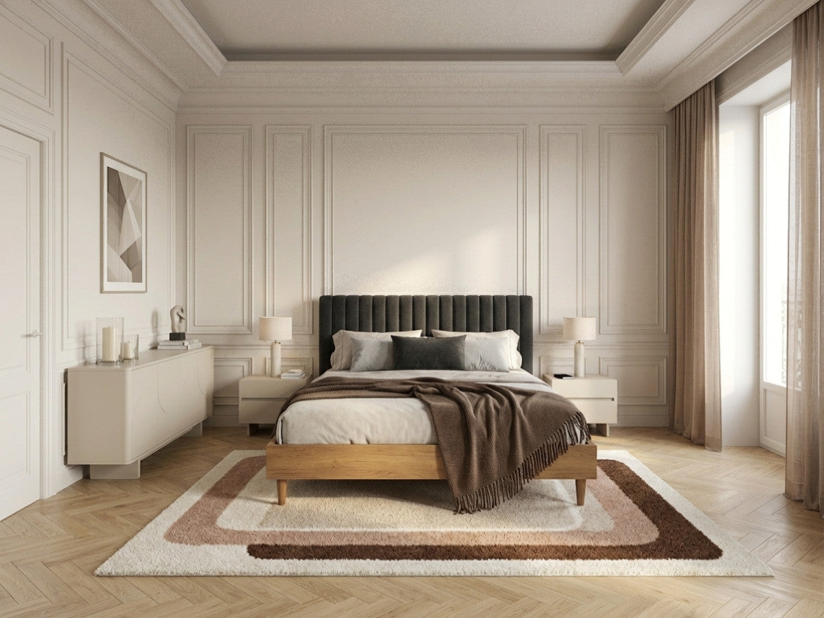Upholstered bed frame with channelled headboard and wood-effect base