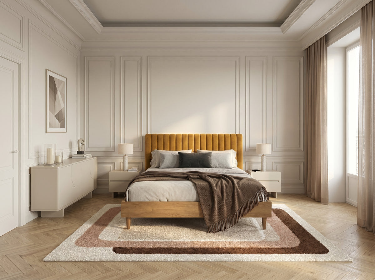 Upholstered bed frame with channelled headboard and wood-effect base