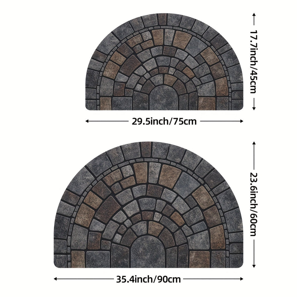Grey half-circle door mat with geometric mosaic pattern