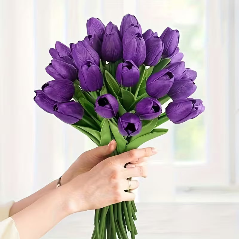 Mixed colour artificial tulip bouquet with green leaves