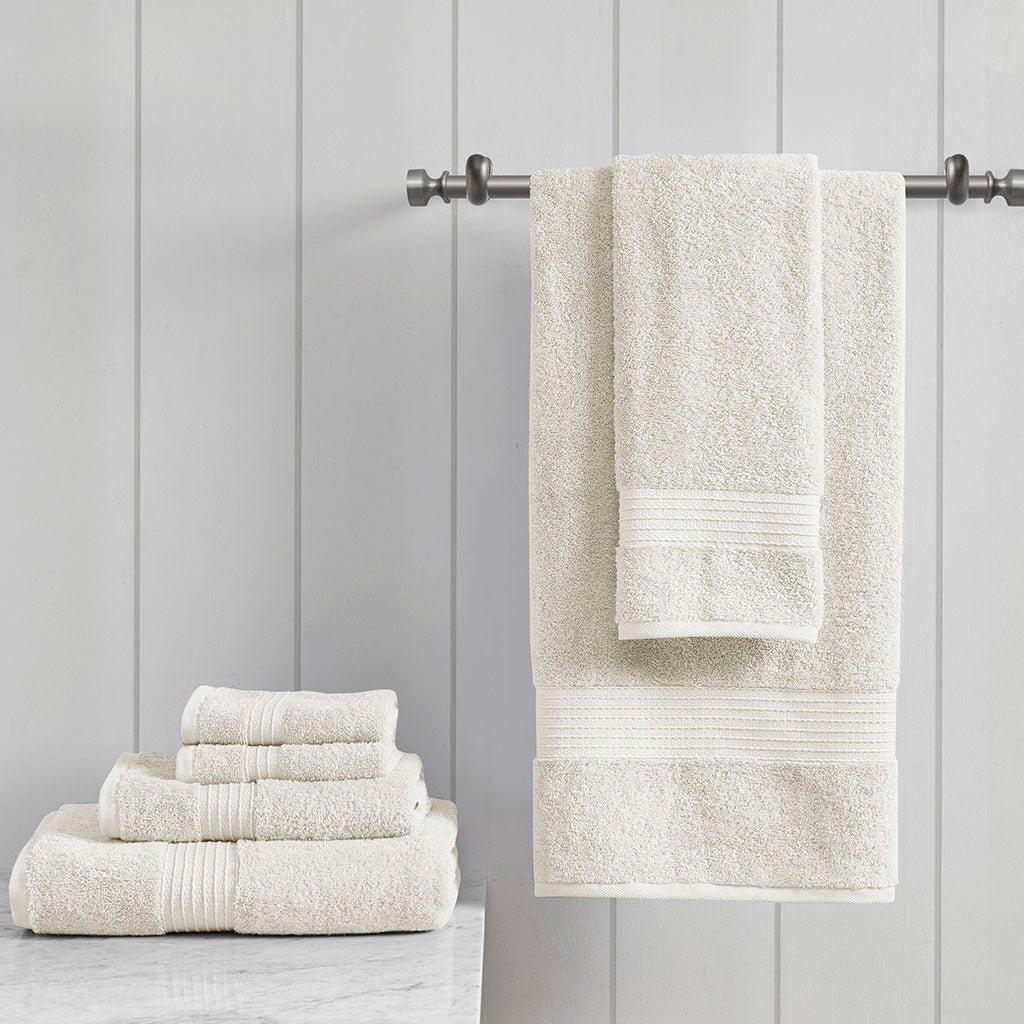 Six-piece textured towel set with ribbed border detailing
