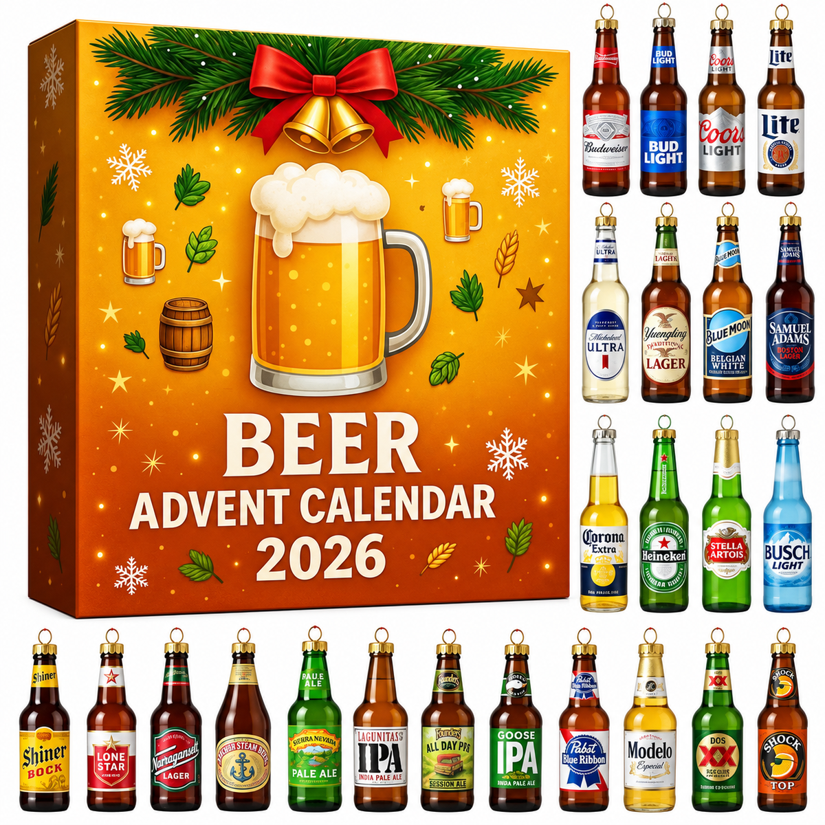 Festive 2026 beer and whisky Advent Calendar boxes with seasonal illustrations
