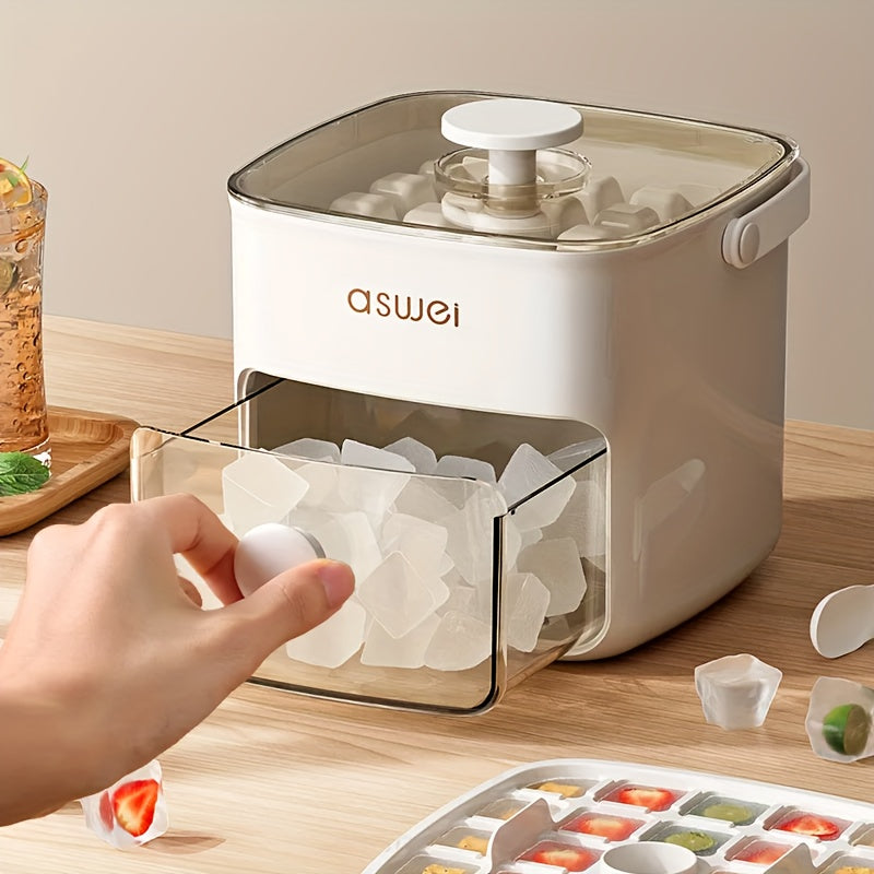 White countertop ice cube maker with clear lid and front drawer