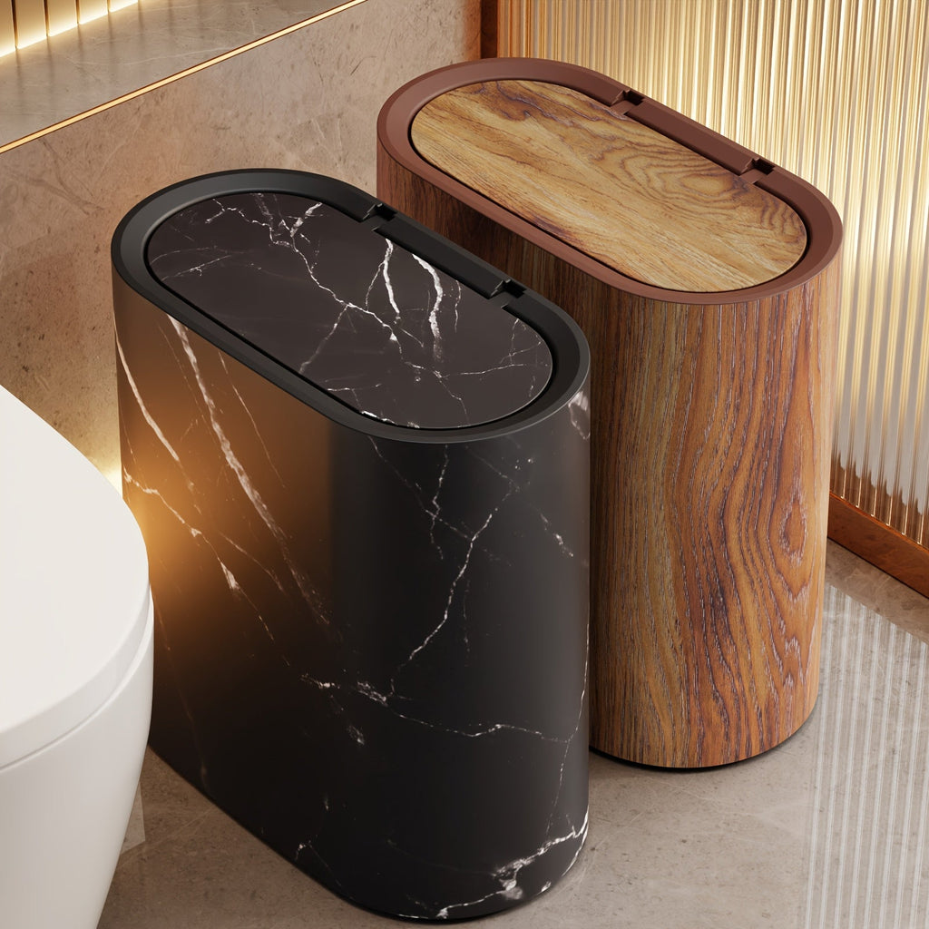 Lidded bathroom and kitchen waste bin with decorative patterned finish