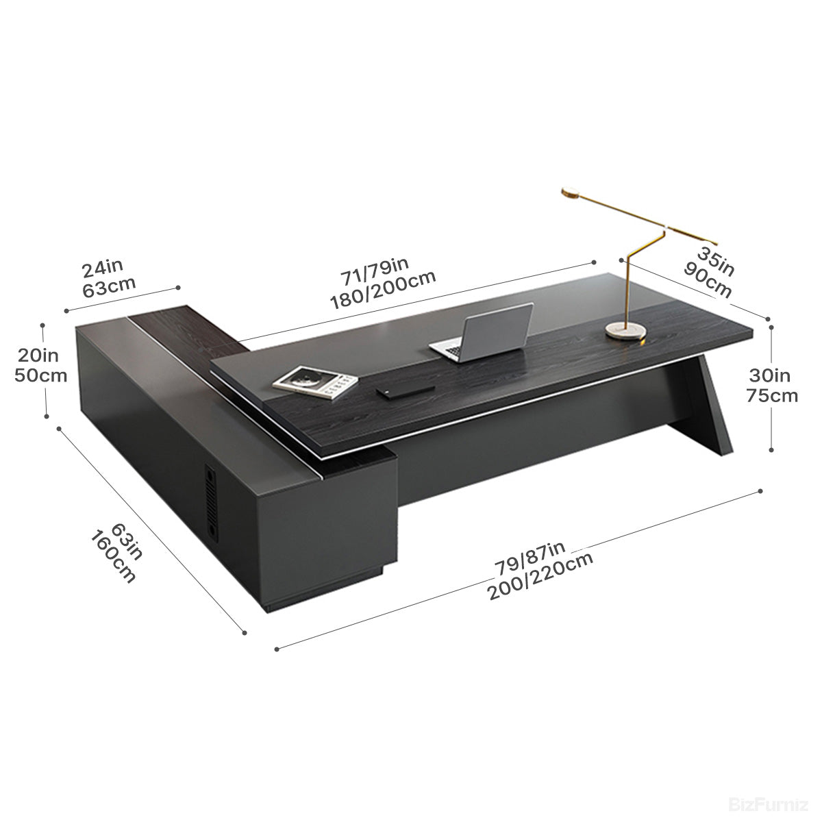 Dark L-shaped executive desk with wood-effect worktop and integrated side cabinet
