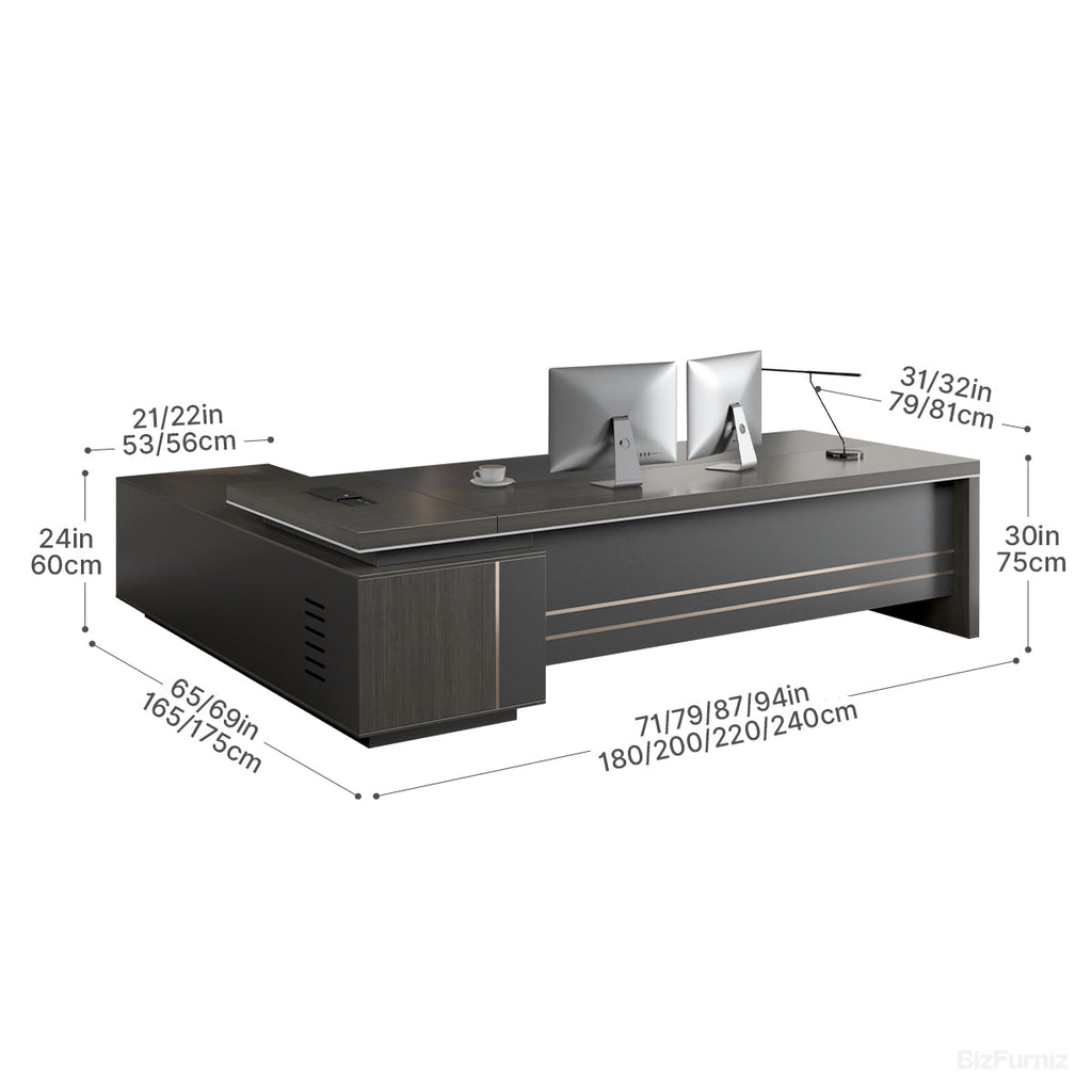 Reversible L-shaped executive desk with dark wood-effect finish, grey panels and integrated power ports