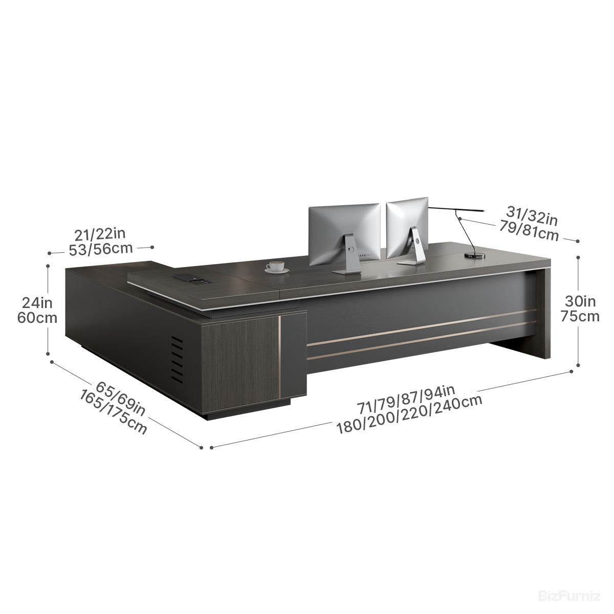 Reversible L-shaped executive desk with dark wood-effect finish, grey panels and integrated power ports