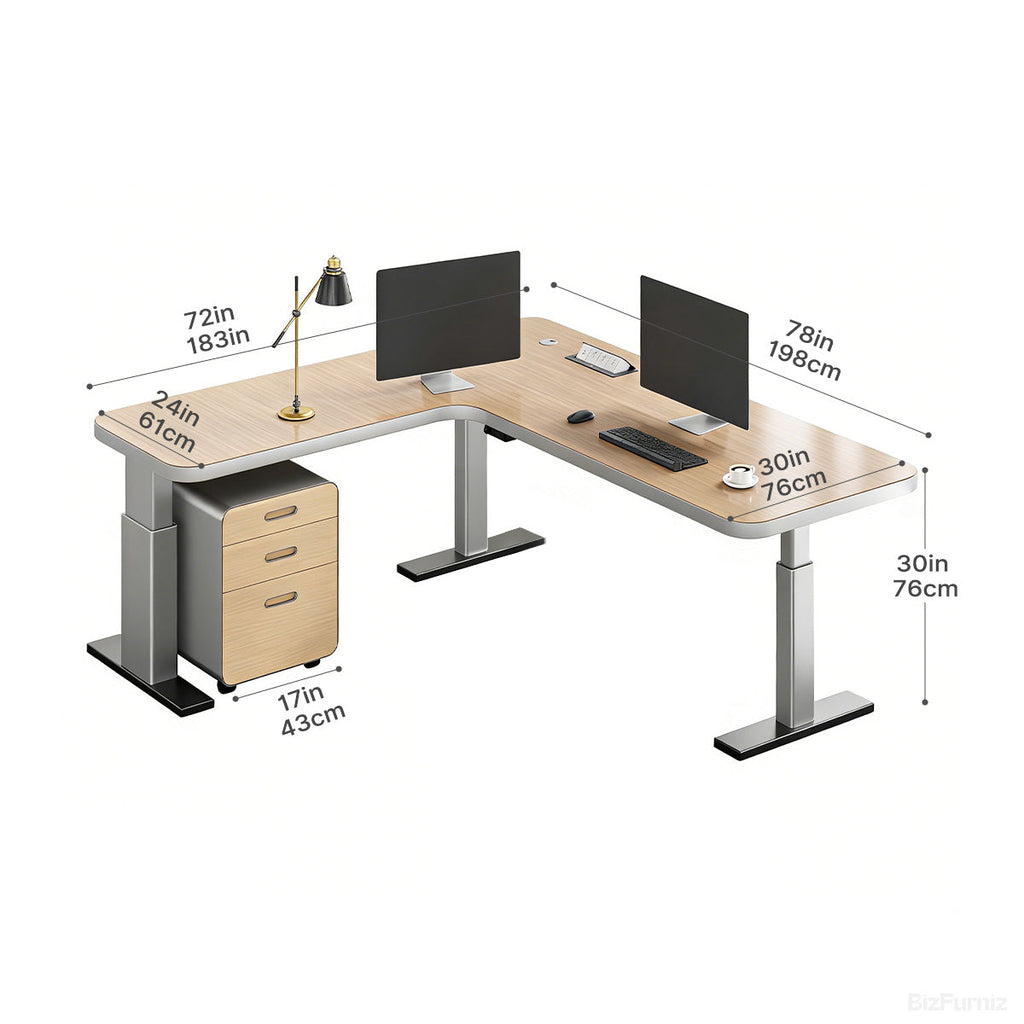 L-shaped natural wood-effect sit-stand office desk with power hub and mobile three-drawer cabinet
