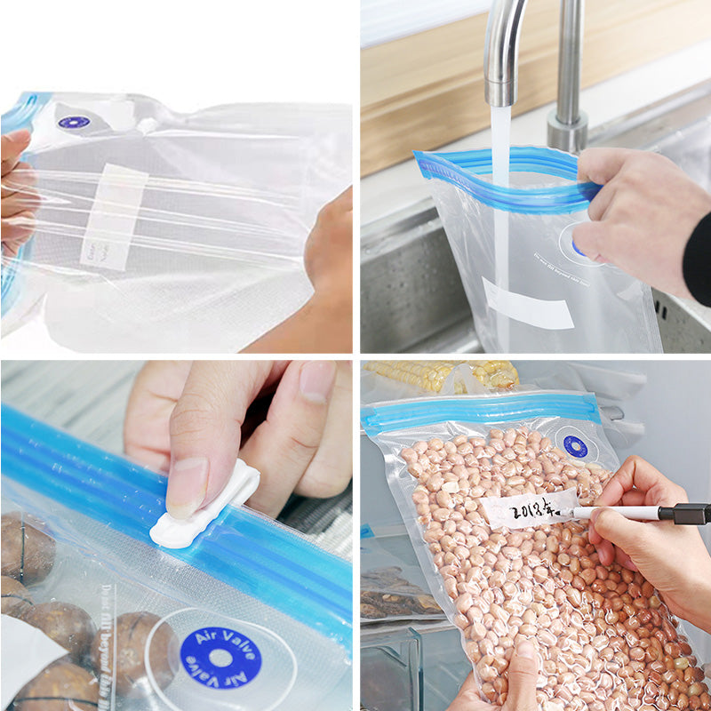 Clear reusable vacuum sealer bags with blue zip seals and hand pump