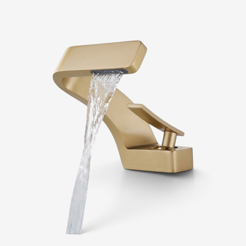 Curved basin mixer tap with rectangular waterfall spout and single lever