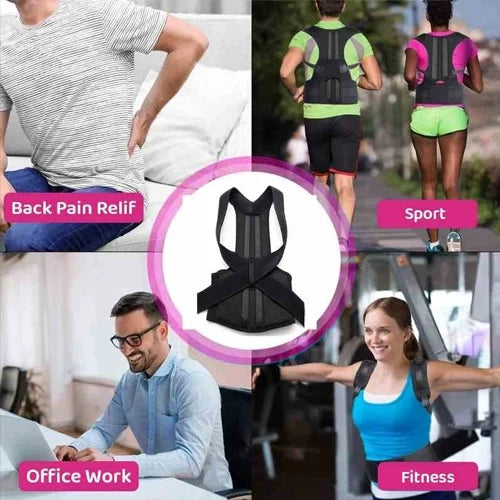 Black adjustable posture support belt with shoulder straps and mesh back panels
