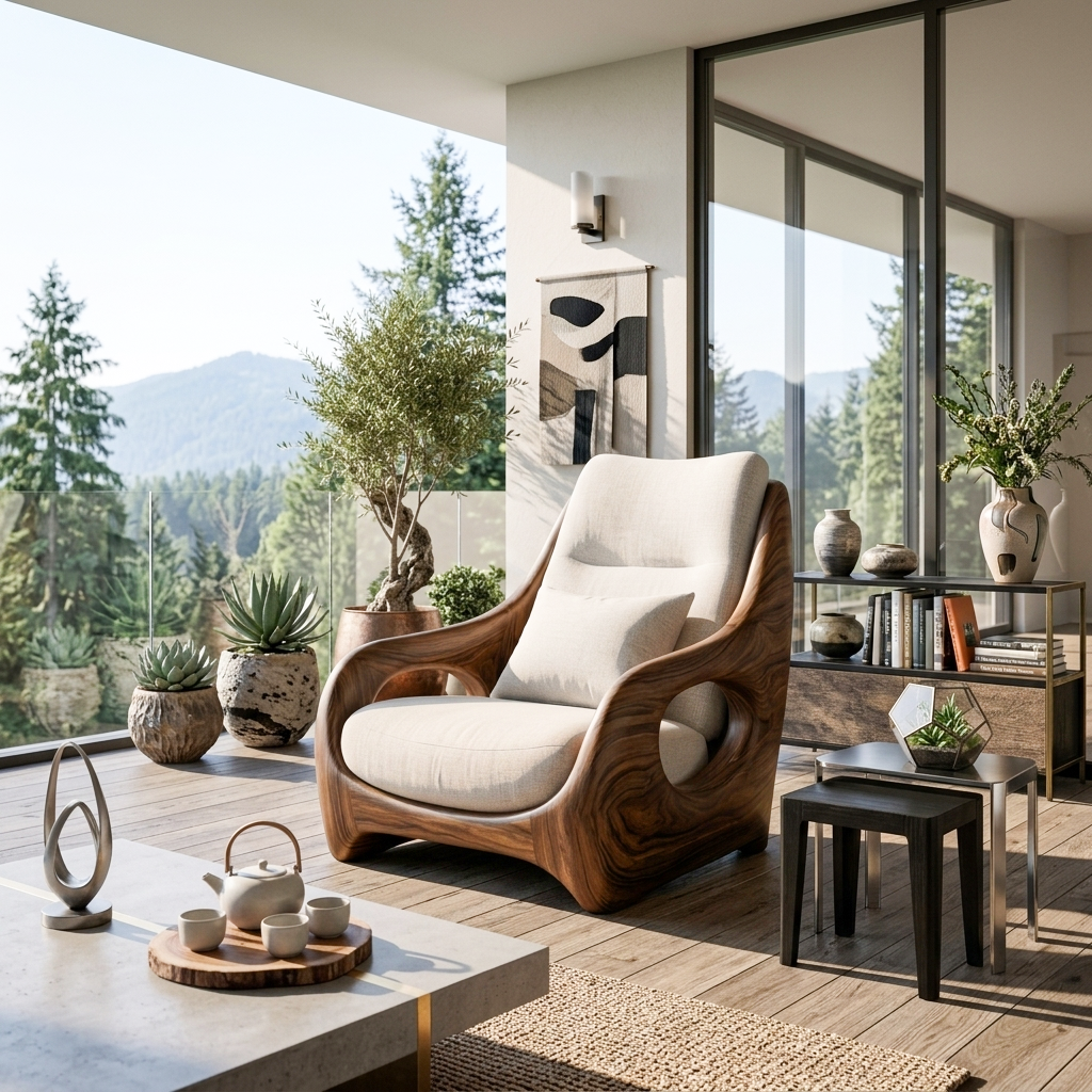 Organic curved armchair with sculpted frame and upholstered seat