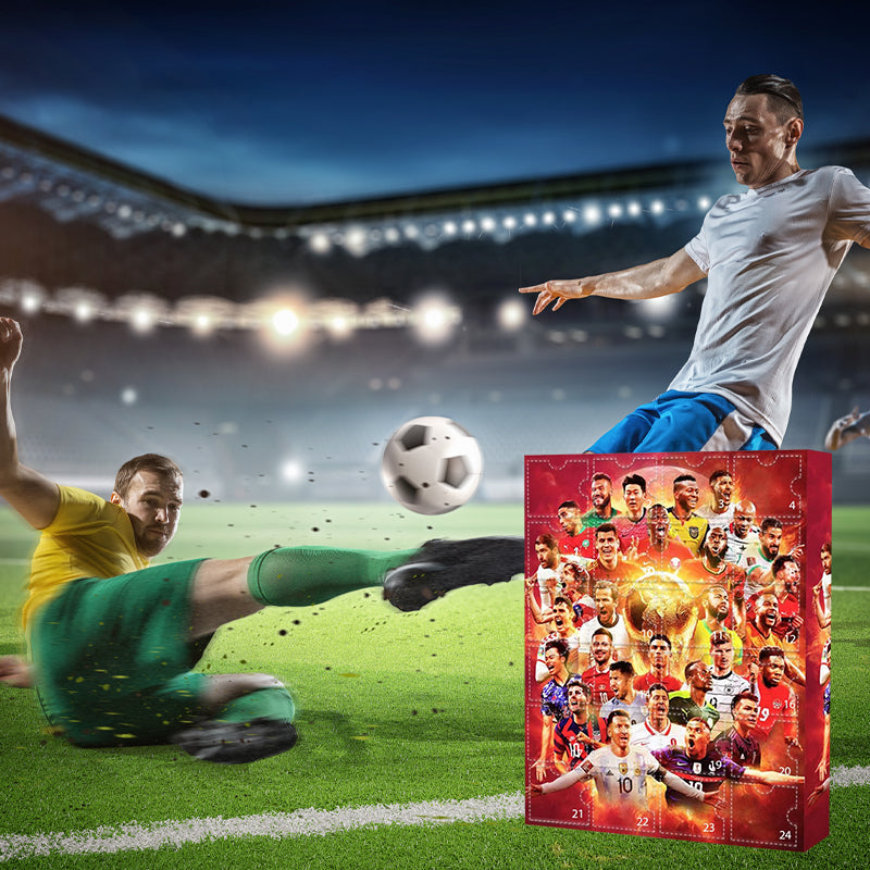 Red football advent calendar with 24 numbered doors and player graphics