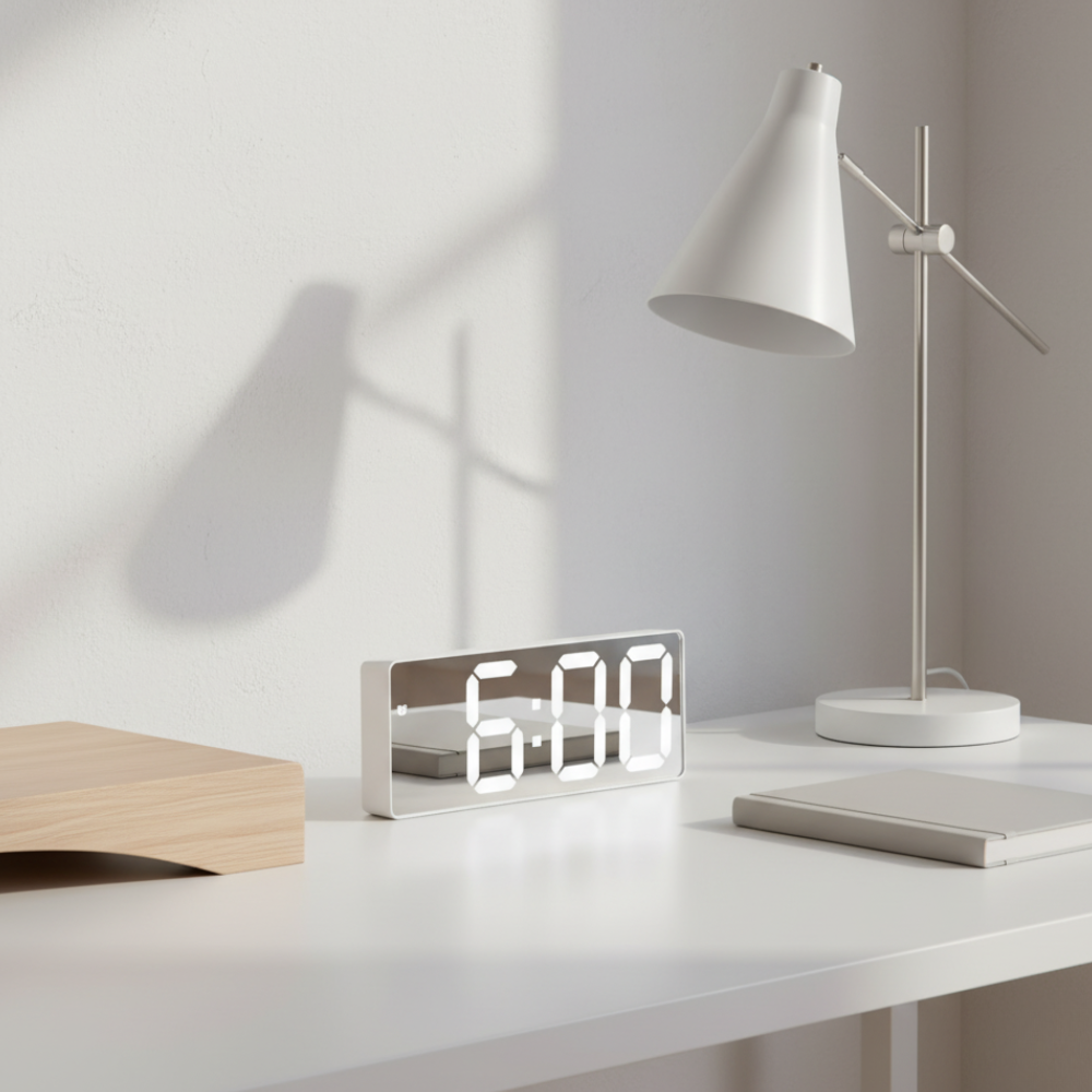 Digital alarm clock with LED time and temperature display on a bedside table